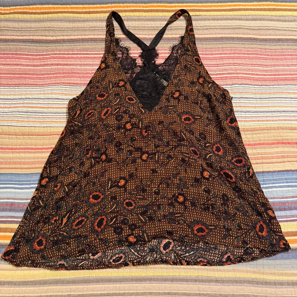 Gimmicks Black Lace Trimmed Floral Print‎ Rayon Tank Top Women's Size M
